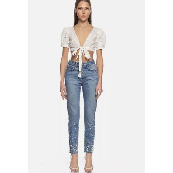 GRLFRND KAROLINA FAUX PEARL & CRYSTAL EMBELLISHED High Waist SKINNY JEANS 26 - Picture 1 of 10